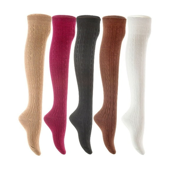 Lian LifeStyle Women's 5 Pair Adorable Comfortable Soft Thigh High Over Knee High Cotton Socks Size 6-9 L1024 Beige,Wine,Black,Coffee,White
