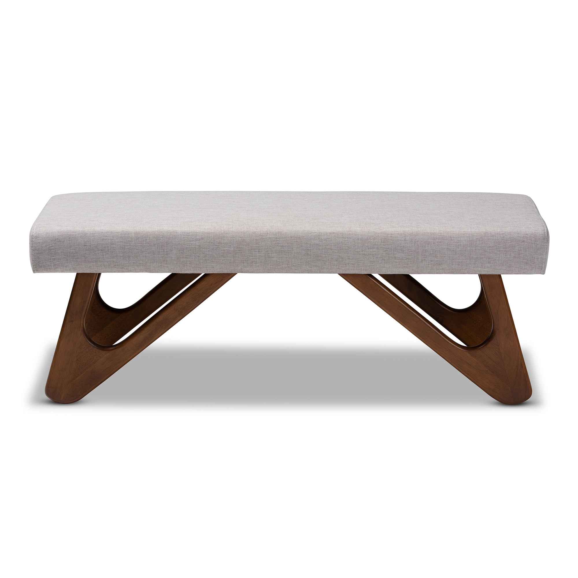 Baxton Studio Rika Mid-Century Modern Grayish Beige Fabric Upholstered Walnut Brown Finished Boomerang Bench