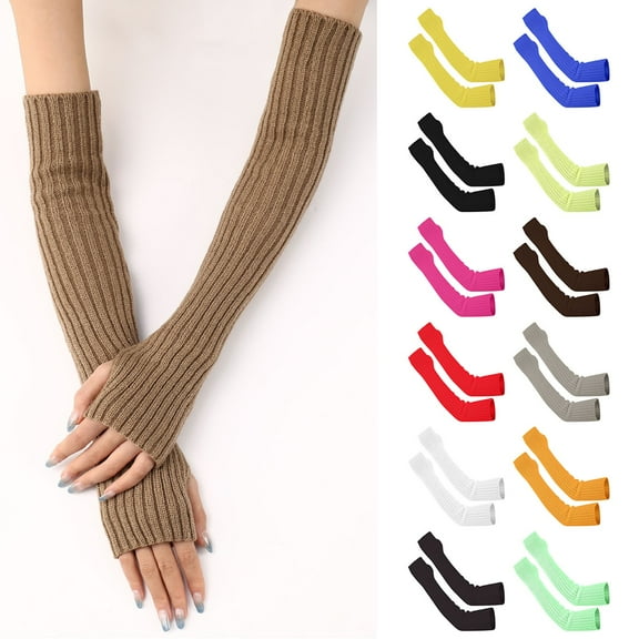 Womens Winter Wrist Arm Warmer Solid Knit Long Fingerless Mitten Gloves