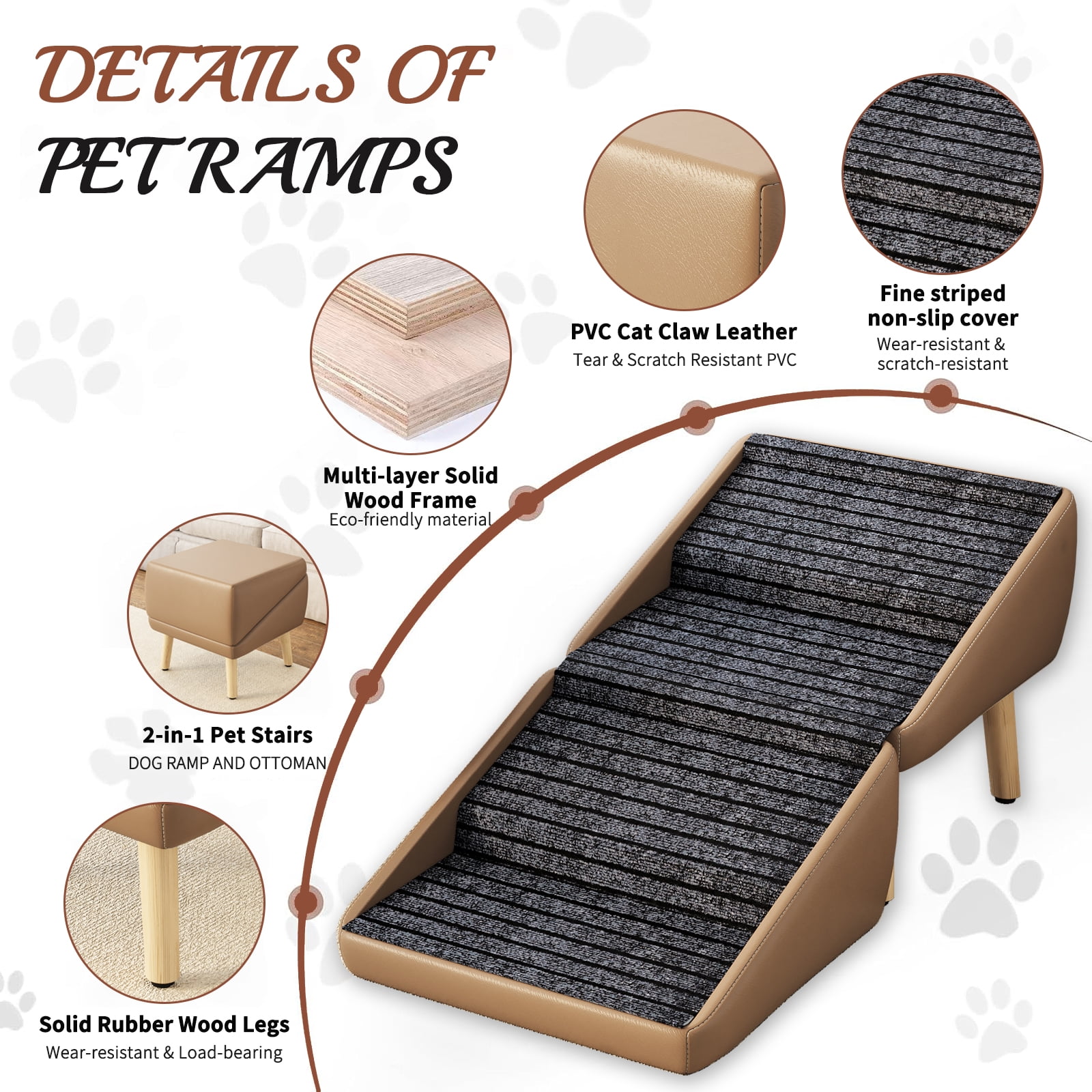 2-in-1 Foldable Dog Stairs & Ottoman, Wooden Non-Slip Pet Steps for Small Dogs, Gradual Slope Pet Ramp for Couch Bed, Furniture-Style Pet Stairs for Puppy Senior Injured Dogs