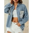 thumbnail image 5 of Genuiskids Women Denim Jacket Casual Vintage Frayed Hem Button Up Jean Shirt Festival Jacket Coat with Sequin Pockets Spring Fall Outerwear, 5 of 9