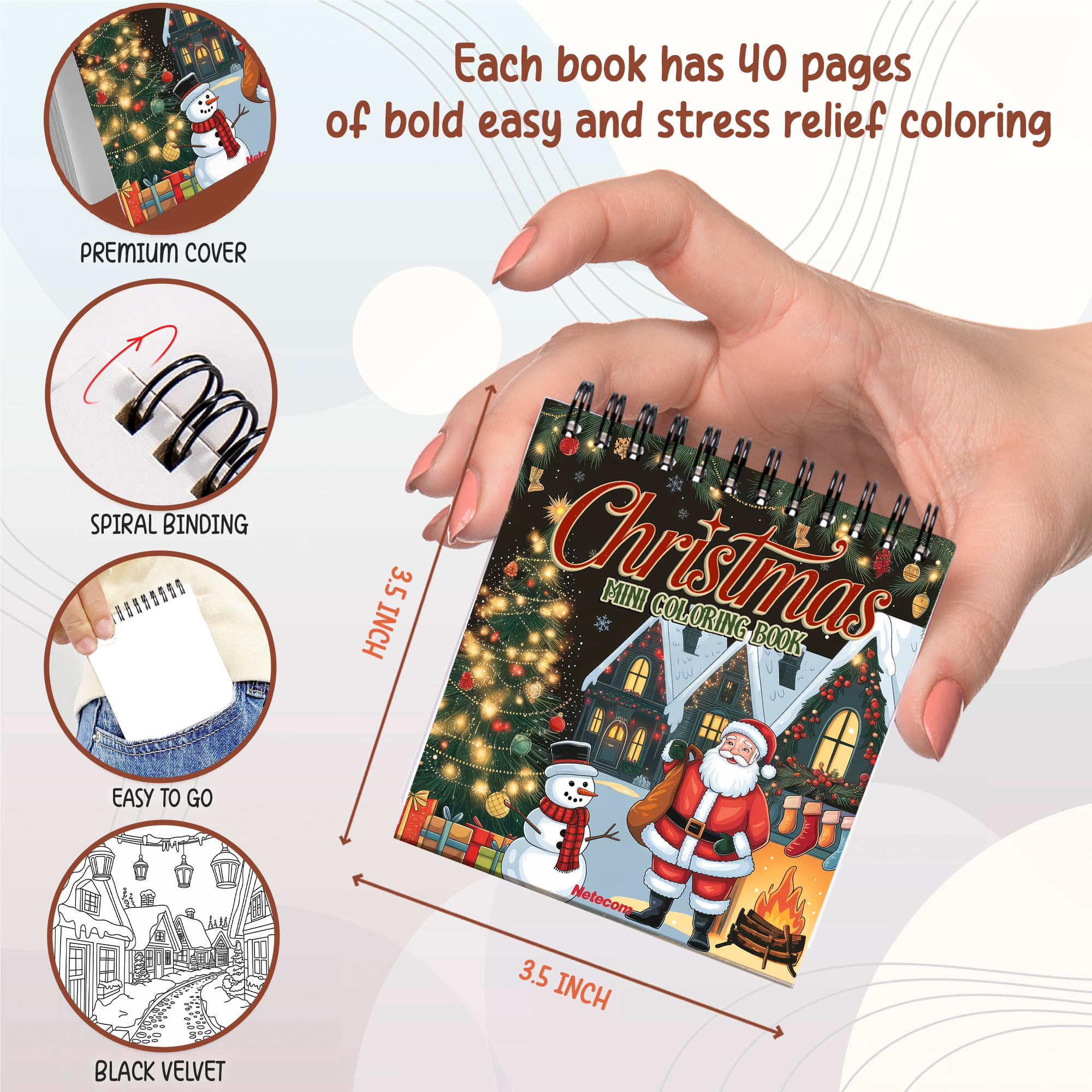 Holiday Themes Coloring Book Spiral Bound for Adult, Pack 6, 3.5” x 3.5” Pocket Size, 40 Coloring Pages Stress & Anxiety Relief, Travel for Women Men