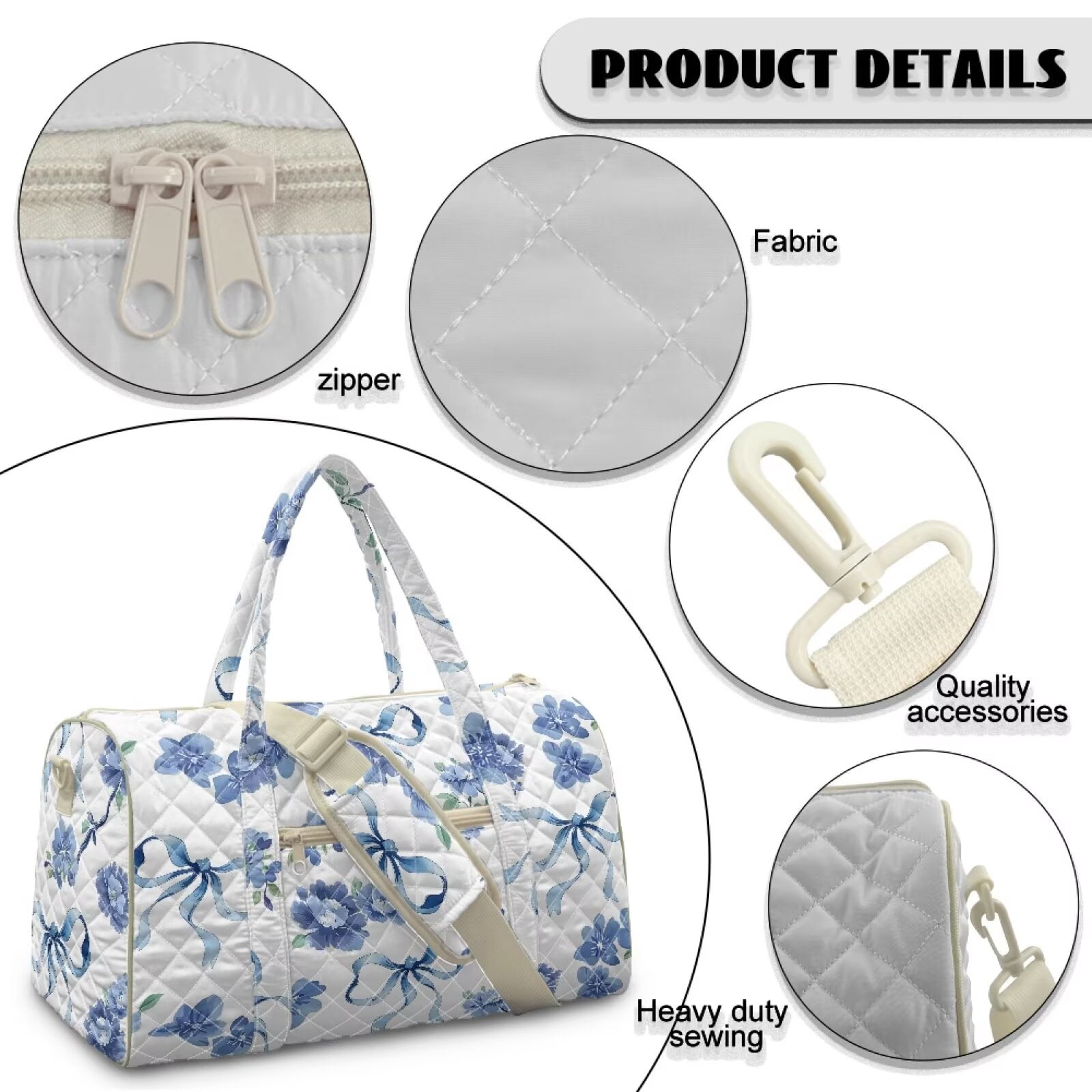 Garronmavis Blue Floral Bow Quilted Large Duffel Bag for Women, Carry On Weekender Bag Overnight Travel Bag with Luggage Sleeve, Adjustable Shoulder Strap