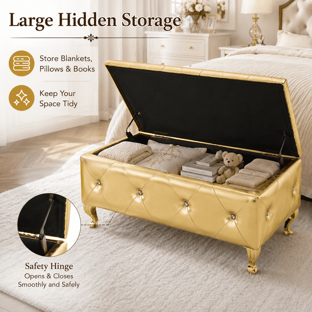 Aukfa 38" Upholstered Storage Ottoman Bench with Hidden Storage, Crystal Tufted Faux Leather Bed Bench, 380 lb, Gold
