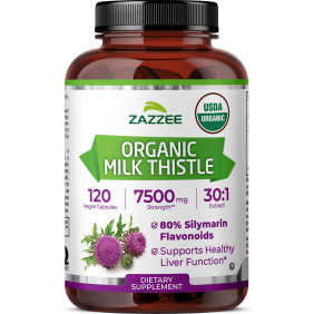 Zazzee USDA Organic Milk Thistle 30:1 Extract 7,500 mg Strength &ndash; 120 Vegan Capsules &ndash; Standardized to 80% Silymarin Flavonoids &ndash; Liver Health & Detox Support &ndash; Vegan &bull; Non-GMO &bull; Kosher &bull; Made in USA