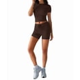 thumbnail image 3 of Women'S Two Piece Sets Summer Slim Fitted Short Sleeve Tops Foldover Shorts Matching Lounge Sets Brown S, 3 of 7