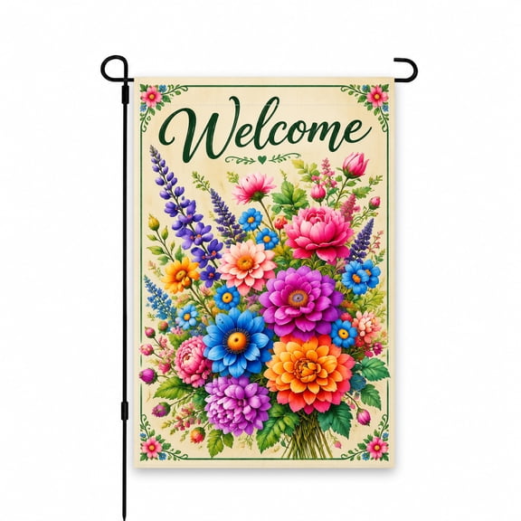 Welcome Garden Flag 12x18 Inch with Colorful Floral Bouquet Design, Outdoor Decorative Yard Flag for Spring and Summer Lawn, Patio, Porch Decor