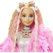 Barbie Extra Fashion Doll with Crimped Hair in Fluffy Pink Coat with Accessories & Pet