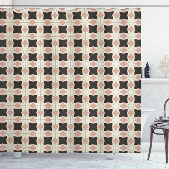 Geometric Shower Curtain, Pastel Butterfly Inspired Abstract Elements Gird with Dots, Fabric Bathroom Set with Hooks, 69W X 70L Inches, Pale Salmon Pale Green Evergreen, by Ambesonne