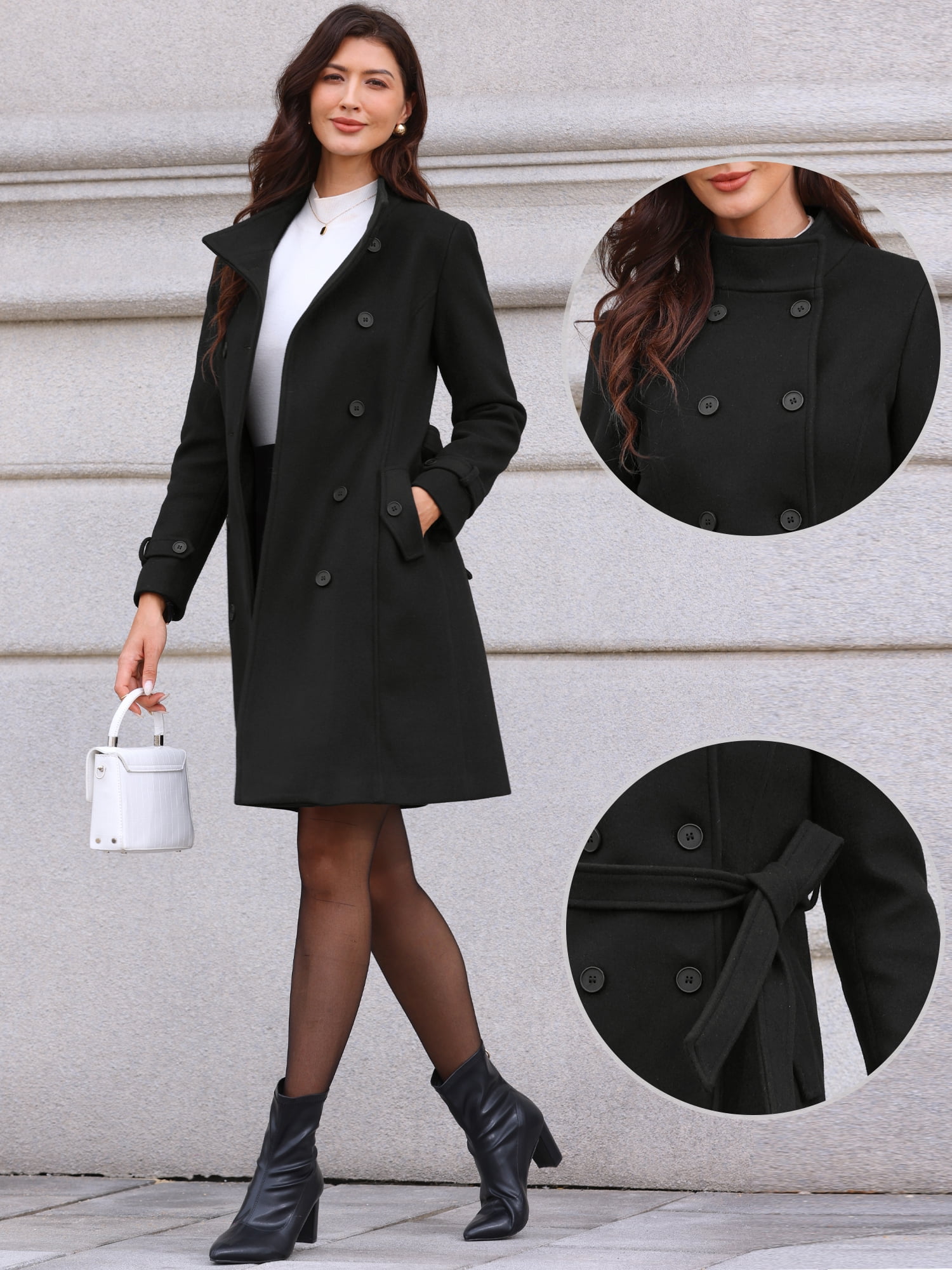DARING DIVA Women's Double Breasted Trench Long Winter Pea Coat with Belt L Black