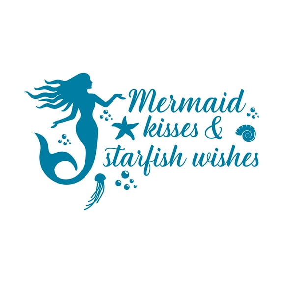 Mermaid Kisses & Starfish Wishes Simple Mermaid Quote Watercolor Vinyl Wall Design Wall Art Sticker Designs Vinyl Stickers For Home House Walls Rooms Windows Bedroom Decoration Size (20x20 inch)