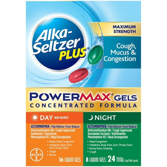 Alka-Seltzer Plus Maximum Strength Cough, Mucus & Congestion Medicine, Day+Night, Powermax Liquid Gels, 24 Count