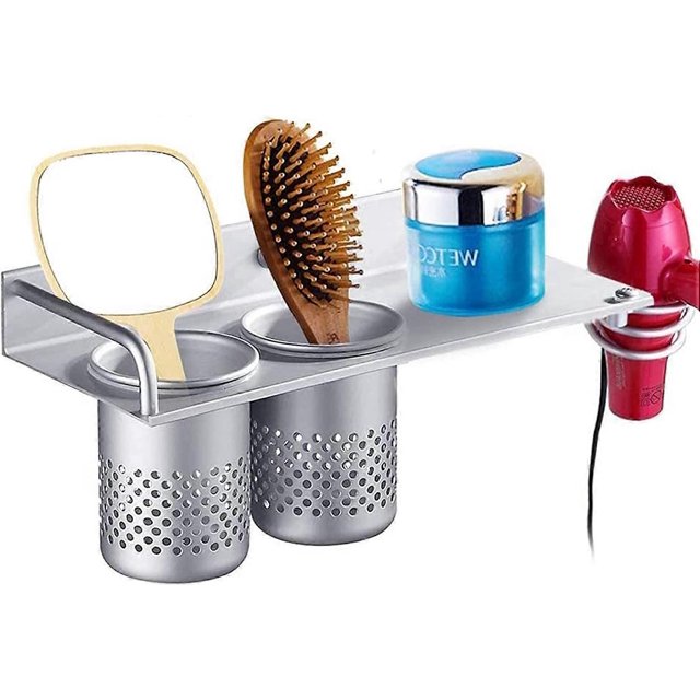 Soporte para secador de pelo de pared, soporte para secador de pelo, cepillo de dientes, soporte para secador de pelo, actualización especial, aluminio, baño, soporte colgante, organizador con 2 tazas