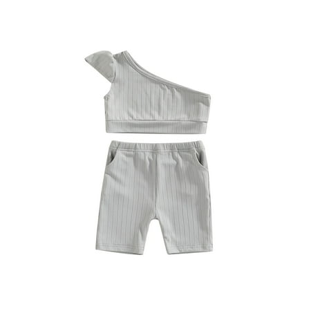 

aturustex Summer Toddler Girl One Shoulder Tanks Tops + Shorts Solid Color Wide Elastic Waist Clothing