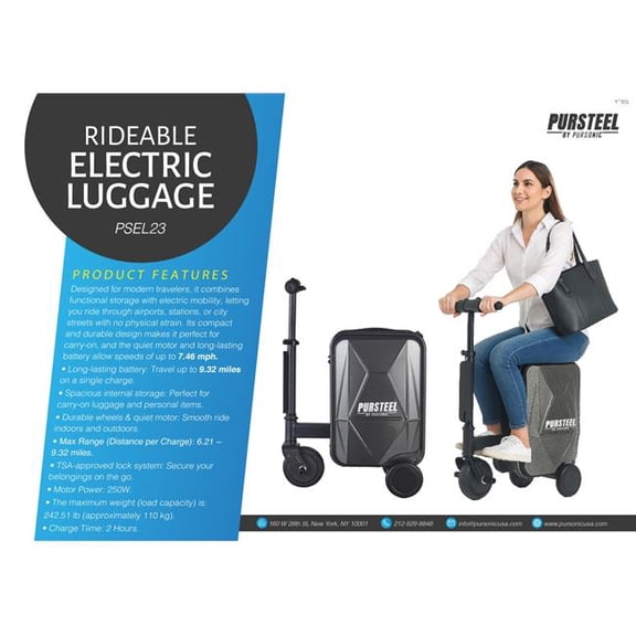 Pursonic PSEL23 Pursteel Electric Ride-On Luggage - Smart Travel with Speed, Storage & Style, Black