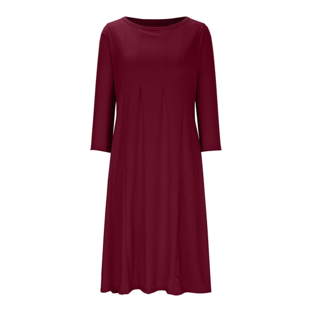 cfhntfmh Robes d'Automne pour Femmes Décontractées Manches 3/4 Col Ras du Cou Robe Midi Fluide Coton Doux Ample Plissée Robe de Vacances