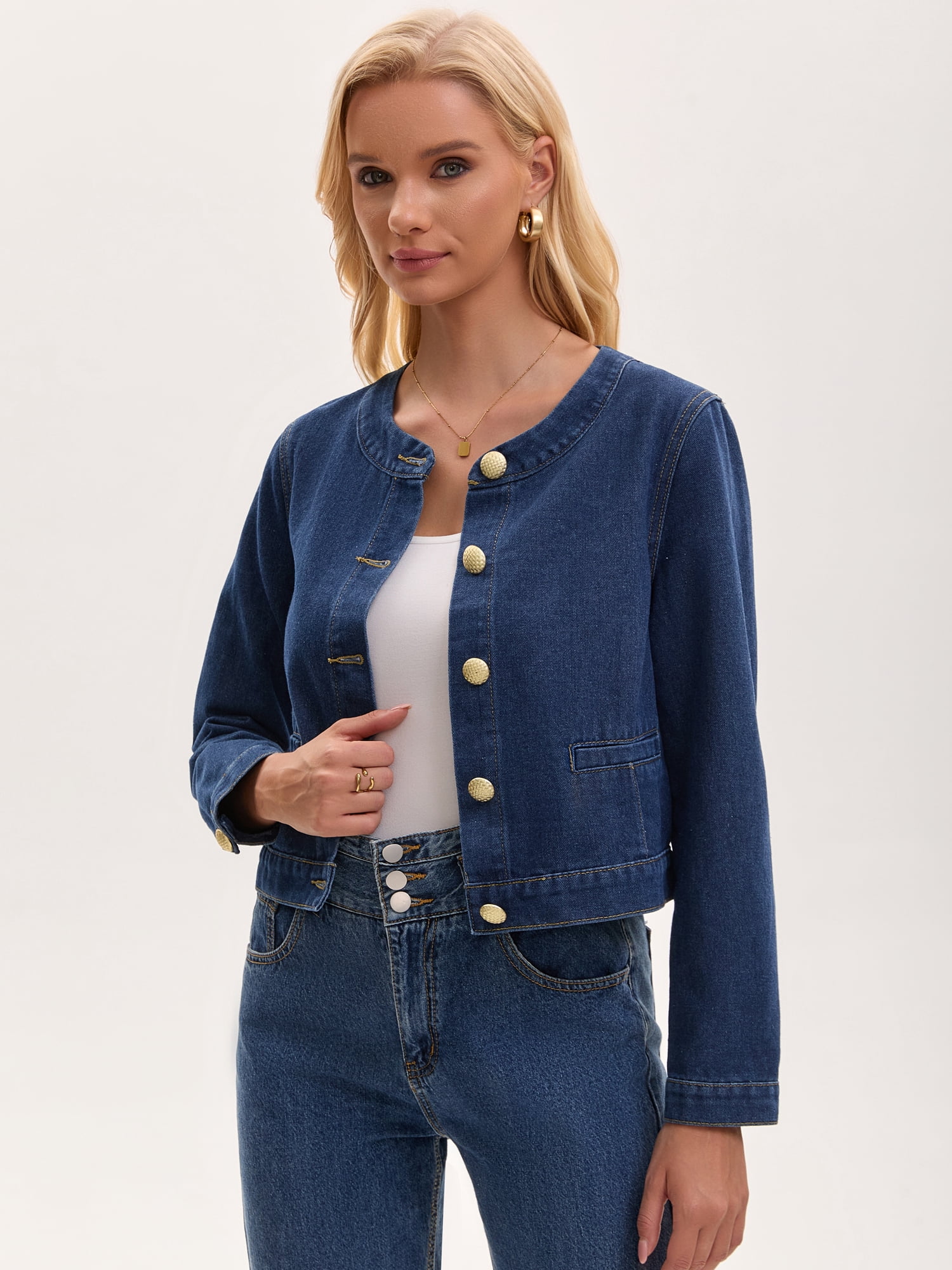 DARING DIVA Women's Collarless Long Sleeve Button Down Jean Jacket M Dark Blue