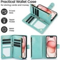 thumbnail image 6 of Allytechgroup Wallet Case for Apple iPhone 14 Plus, Multiple Cards Slots Zipper Pocket PU Leather with Stylish Pattern Hand Strap Flip Cover Phone Case for iPhone 14 Plus, Green, 6 of 7