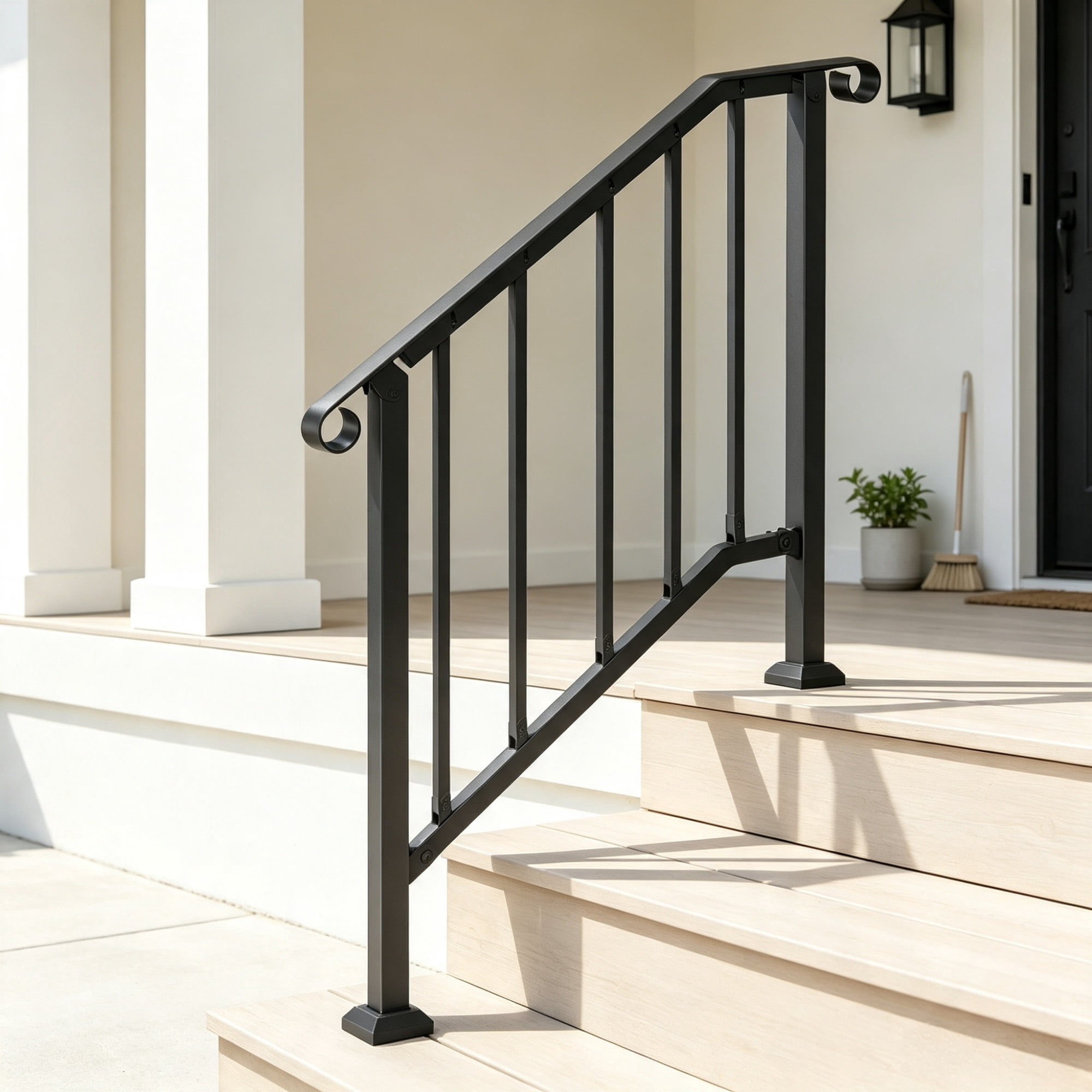 2-3 Step Outdoor Stair Handrail Kit, Black Retro Arch Carbon Steel Railing with Installation Kit