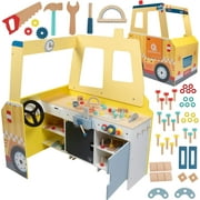 Svan Construction Truck Wooden Playset w 60+ Toy Pieces- Pretend Hammer Saw Bolts & Screws- Spinning Turn Saw, Steering Wheel & Wood to Saw Apart, Dual Sided Play Stand, Workbench Building, Kids Gift
