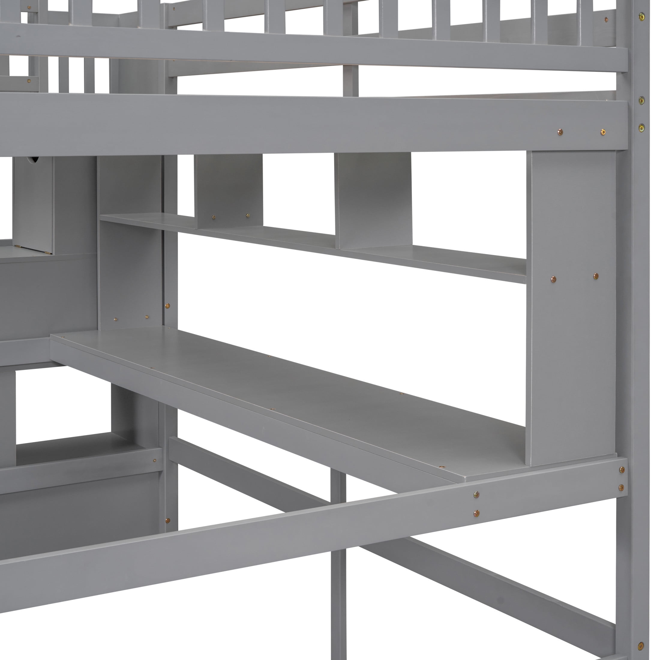 Noble House Full Size Loft Bed with Built-in Desk, Bookshelves and Storage Staircase, Pine Wood Frame, Grey