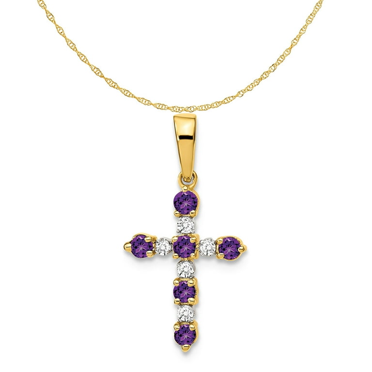 Carat in Karats 14K Yellow Gold Amethyst And Diamond Cross Pendant Charm  (22mm x 11mm) With 10K Yellow Gold Lightweight Rope Chain Necklace 18''