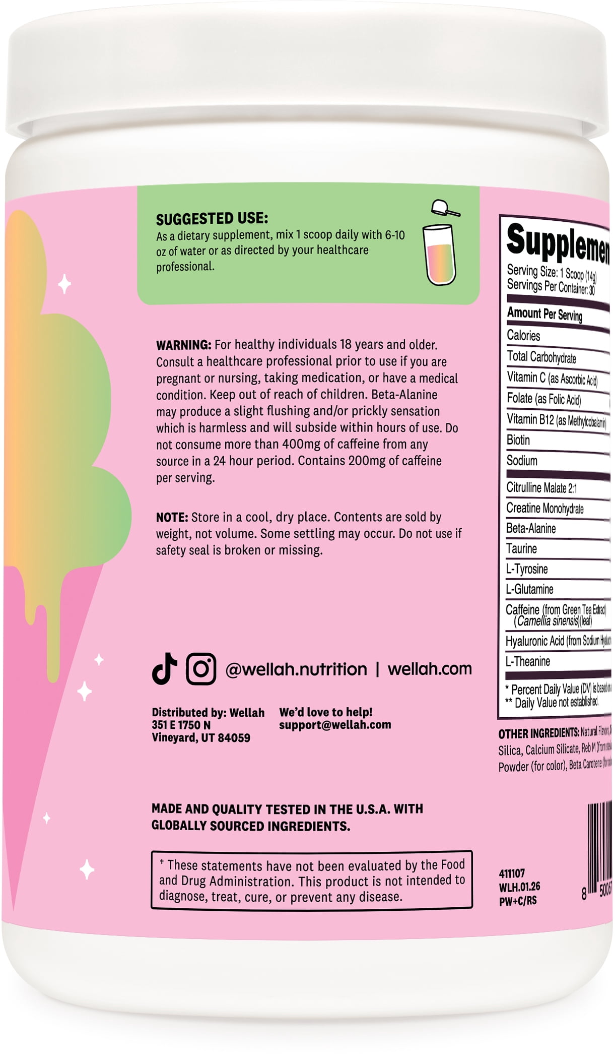 Wellah Pre-Workout + Creatine Powder (30 Servings) Rainbow Sherbert - 200mg Caffeine, 3g Creatine Monohydrate, 5g Citrulline Malate, Pre-Workout with Creatine Supplement