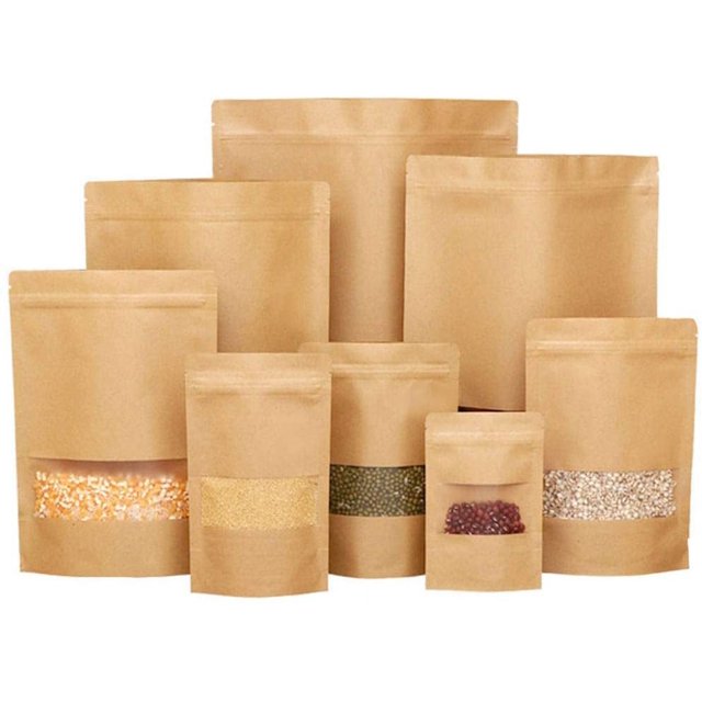 50pcs Kraft Paper Bag with Window Resealable Food Storage Ziplock Bag Stand Up Large Pouches 3.5×5.5in