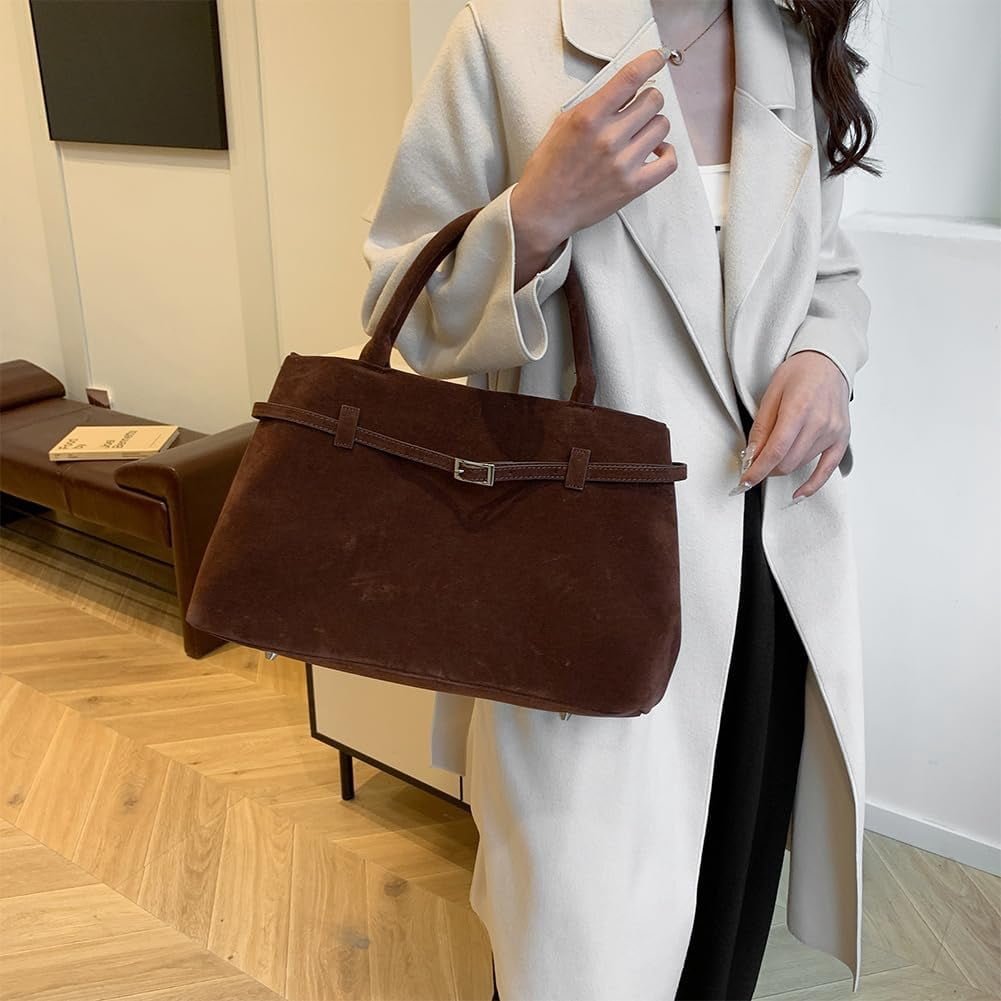 Suede Tote Bag for Women Slouchy Work Tote Bag Faux Suede Top Handle Bag Retro Brown Suede Handbag Purse