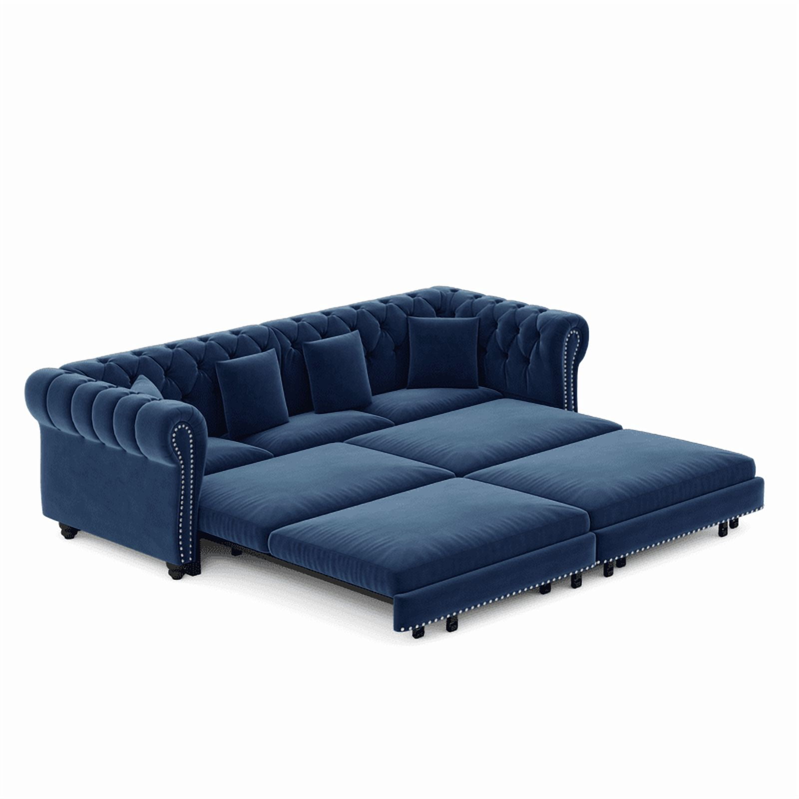 3-in-1 Pull-Out Sofa Bed, 89'' Chesterfield Sofa, Convertible Sleeper Sofa Bed, King Size Sofa Bed, Chaise Lounge, Tufted Design Velvet 3-Seater Sofa with Movable Ottoman