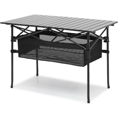 QISHENSHUI 37" Folding Camping Table with Large Storage Basket & with Carry Bag, Aluminum Picnic Table for Indoor Outdoor Camping Backyard BBQ Use, Black