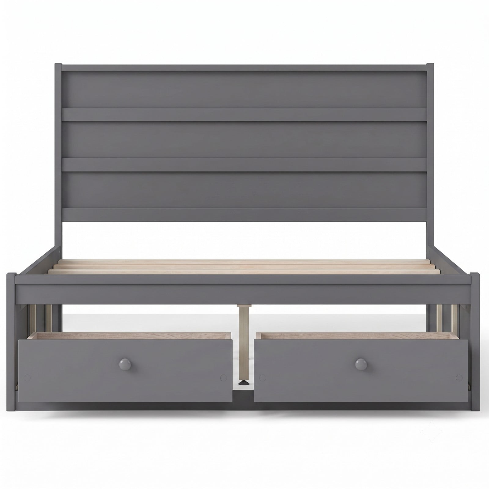 Furnibear Full Size Bed Frame with Storage, Wooden Platform Bed with Plank Headboard and 2 Storage Drawers, Gray