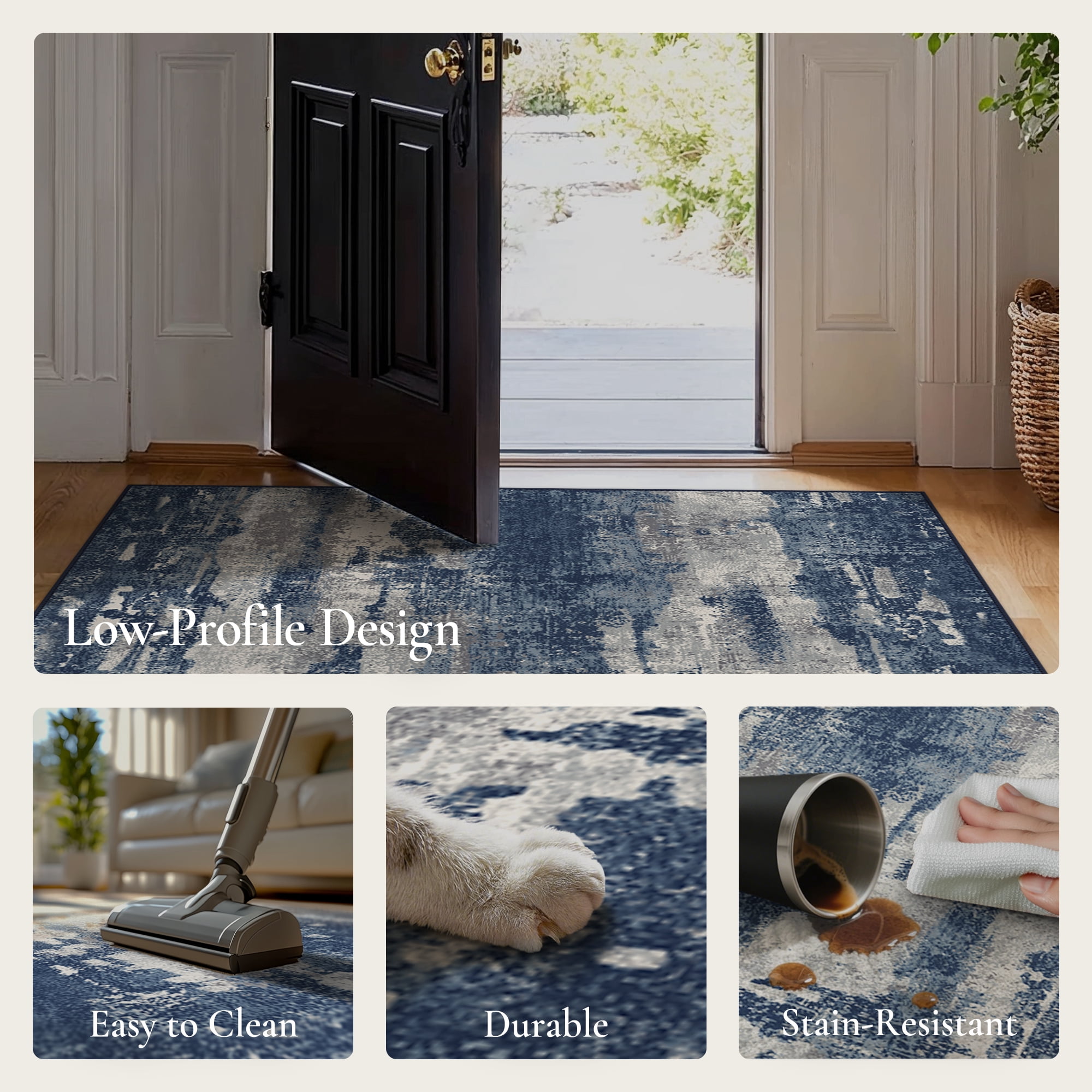 KUETH Area Rugs for Living Room 5x7 Large Modern Machine Washable Vintage Rugs Distressed Abstract Print Blue Throw Rug for Bedroom Aesthetic, Non Slip Carpet with Gripper