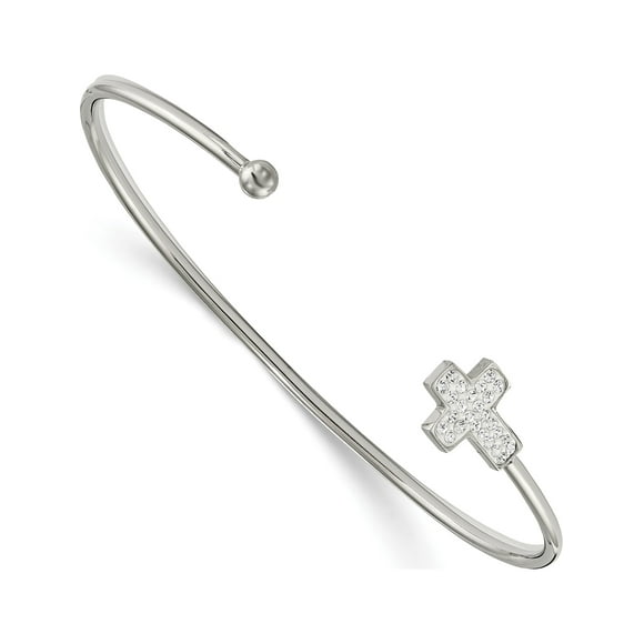 Stainless Steel Polished Preciosa Crystal Cross Cuff Bangle
