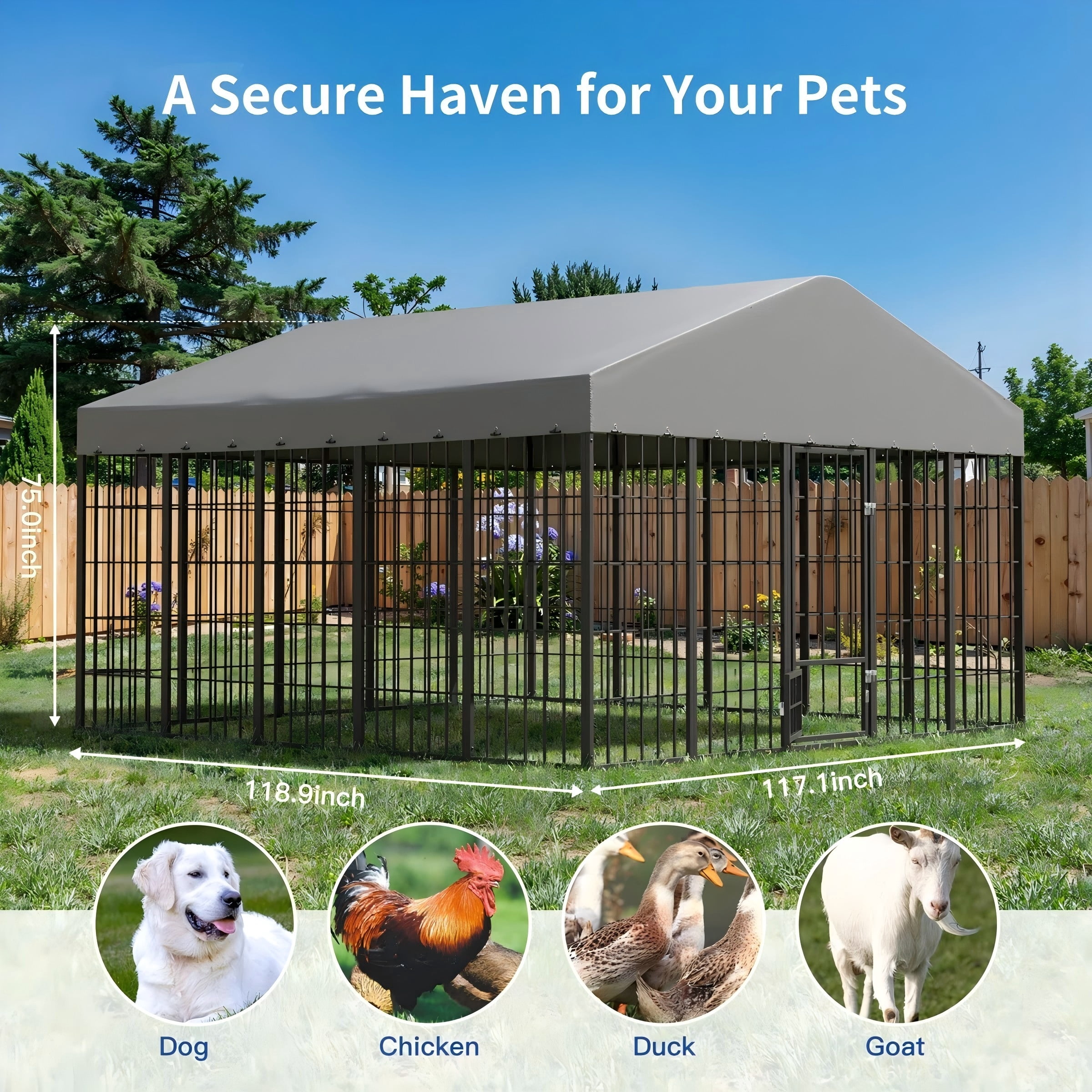 Gotland Large Outdoor Dog Kennel,118" L x 117" W x 75" H Heavy-Duty Modular Dog Cage with Waterproof Cover, UV-Resistant Roof, Anti-Rust Outdoor Dog Fence w/Double Security Locks for Backyard