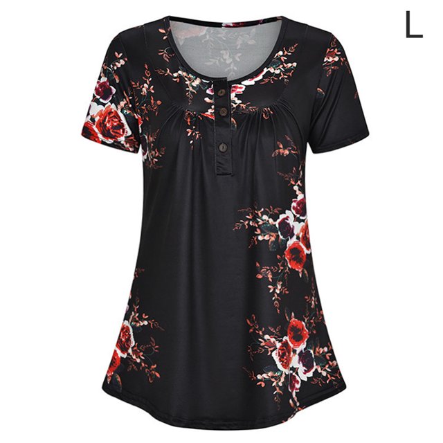 Camiseta estampada Mujer Verano Cuello redondo Blusa de manga corta Top suelto, Negro, L Inevent AP001352-03