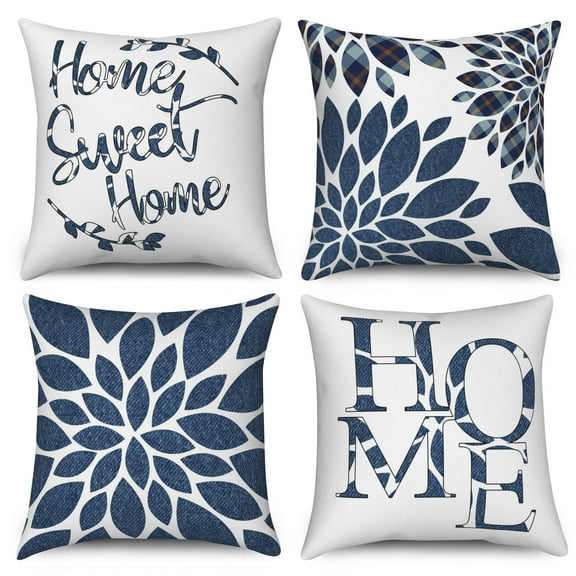 Pbobriich Home Throw Pillow Covers 18x18 Set of 4 Farmhouse Dahlia Floral Pillowcases Linen Cushion Covers for Couch Sofa