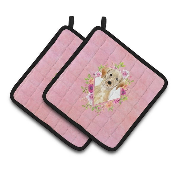 Carolines Treasures CK4227PTHD Yellow Lab Pink Flowers Pair of Pot Holders 7.5HX7.5W multicolor