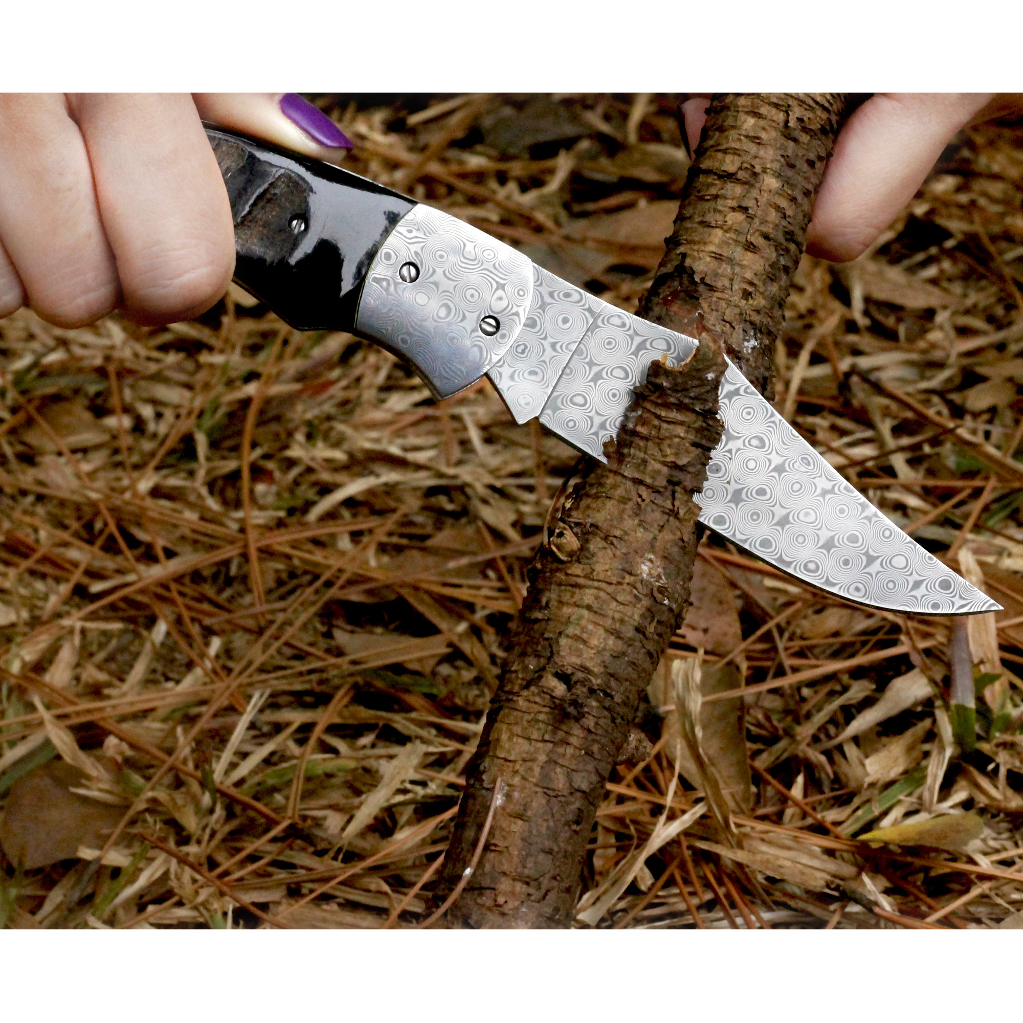 YOUSUNLONG Pocket Knife - Camping Knife Overall 205mm Damascus Steel Black Buffalo Horn Handle