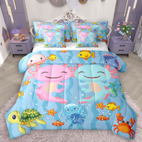 Manfei Sea Axolotl Bedding Comforter Set 7pcs, Ocean Animal Crab Fish King Bedding Sets, Cartoon Blue Bed Sheets, Breathable Home Decor