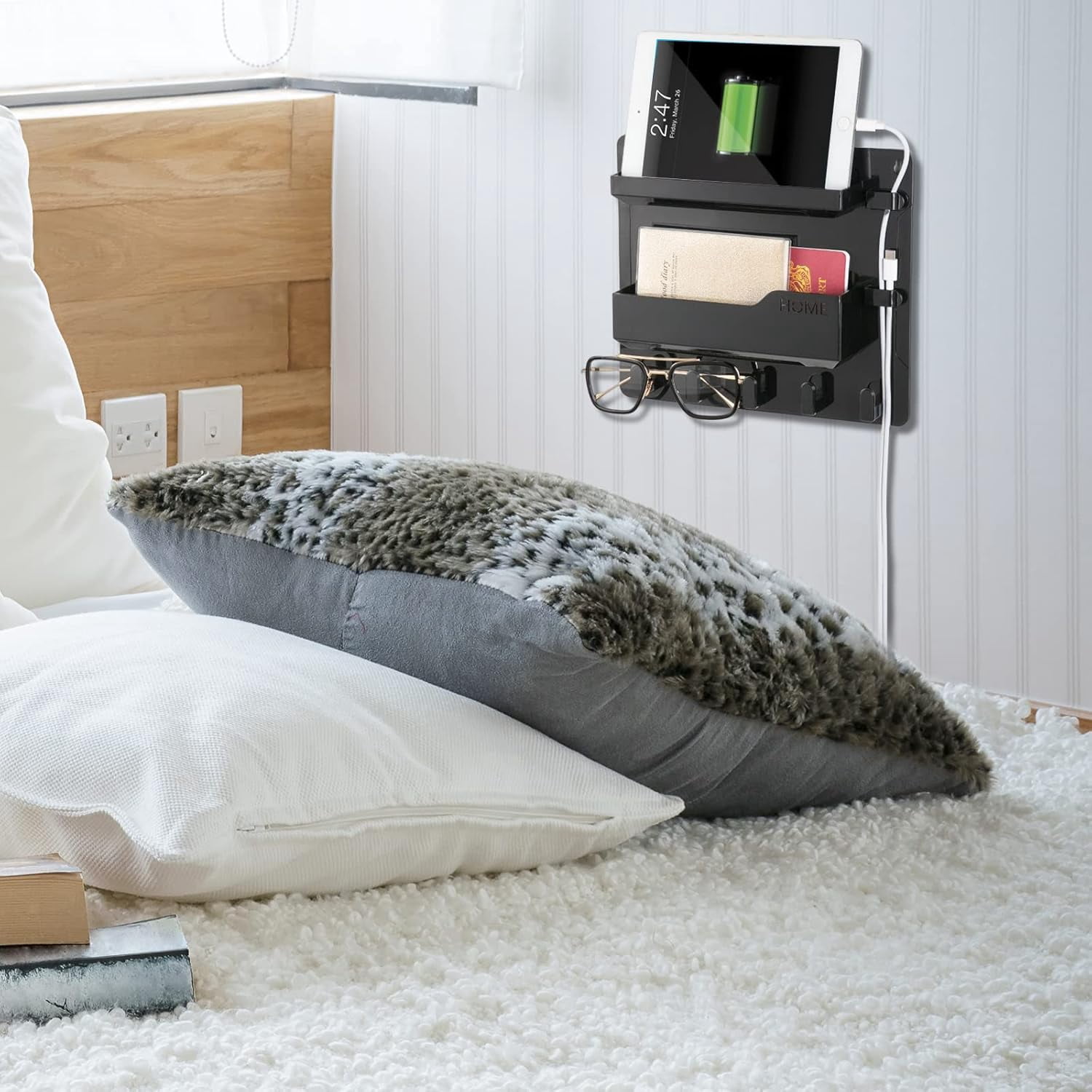 Bedside Wall Mount Shelf, Adhesive Bedside Organizer for Remote、Phone、Glasses. Bedside Accessories Storage suitable for College Dorm 、bunk bed 、 Bedroom、Rv（Black）