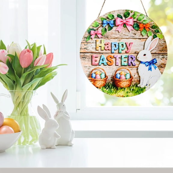 Easter Decorative Wooden Door Hanger Sign, Large Round Hanging Decoration with Colorful Eggs and Bunny Print for Front Door, Farmhouse Spring Holiday Decor