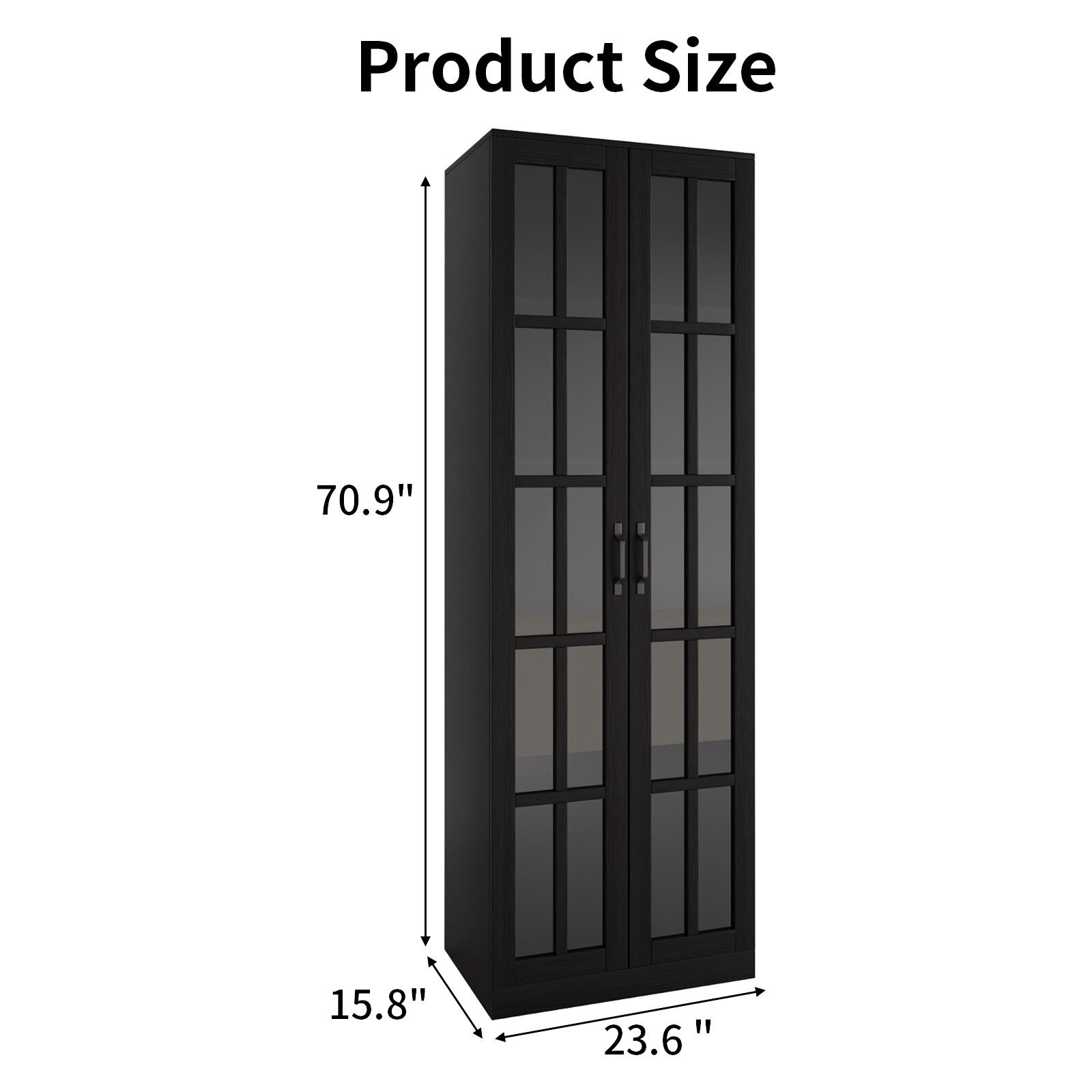RichYa 71"H Tall Pantry Cabinet,Storage Cabinet with 2 Glass Doors and Shelves,5 Tier Display Cabinets for Living Room,Dining Room,Black(A)