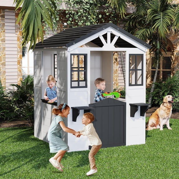 Roromall Kids Play House, Wooden Play House, Cedar Wooden Outdoor Cottage, Playhouse Vinyl Roof with Play Kitchen