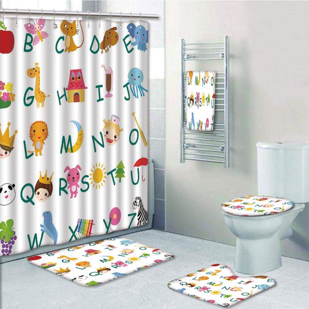 Prtau Educational Cute Kids Alphabet With Fruits Animals Prince Princess Cheerful Colorful 5 Piece Bathroom Set Shower Curtain Bath Towel Bath Rug Contour Mat And Toilet Lid Cover Walmart Com Walmart Com