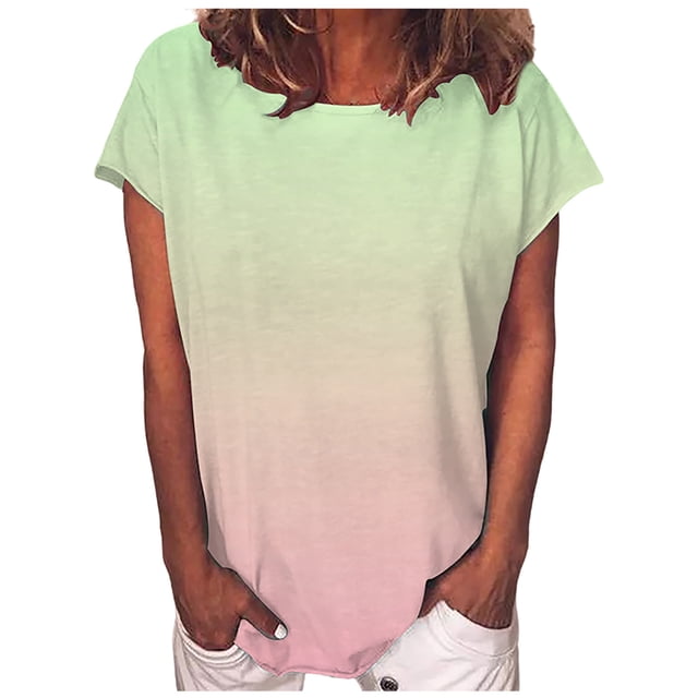 Pompotops Femmes Décontracté Dégradé Couleur Manches Courtes T-Shirt Tunique Chemisier Tops