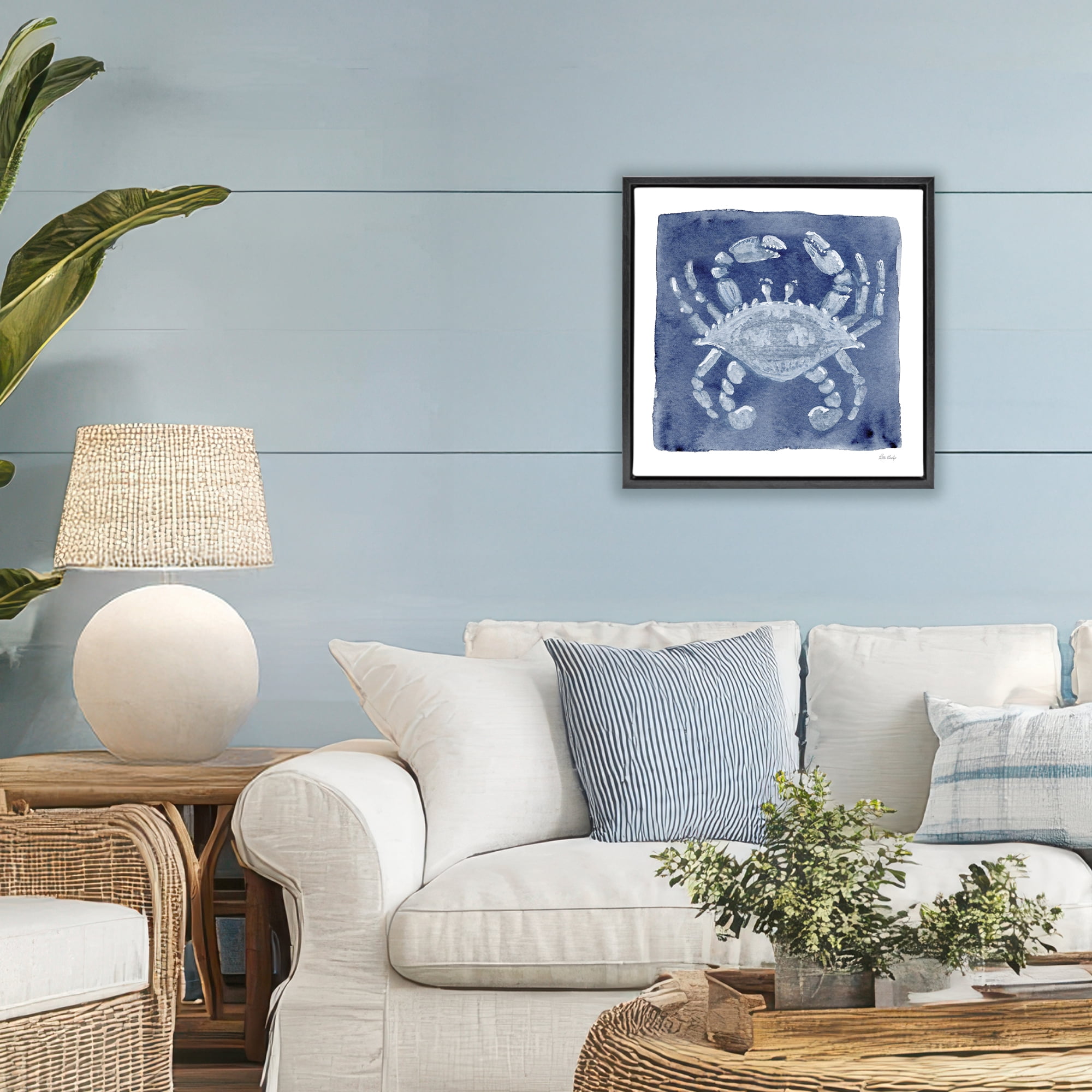 Stupell Industries White Crab on Indigo Black Framed Floater Canvas Wall Art, design by Patti Bishop