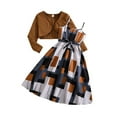 thumbnail image 2 of ZHOGXU Big Kids Girls Outfits Two Piece Retro Style Sleeveless Suspenders Plaid Print Dress And Long Sleeve Jacket Fashion Comfortable Set For Daily Wear Brown 7-8 Years, 2 of 9
