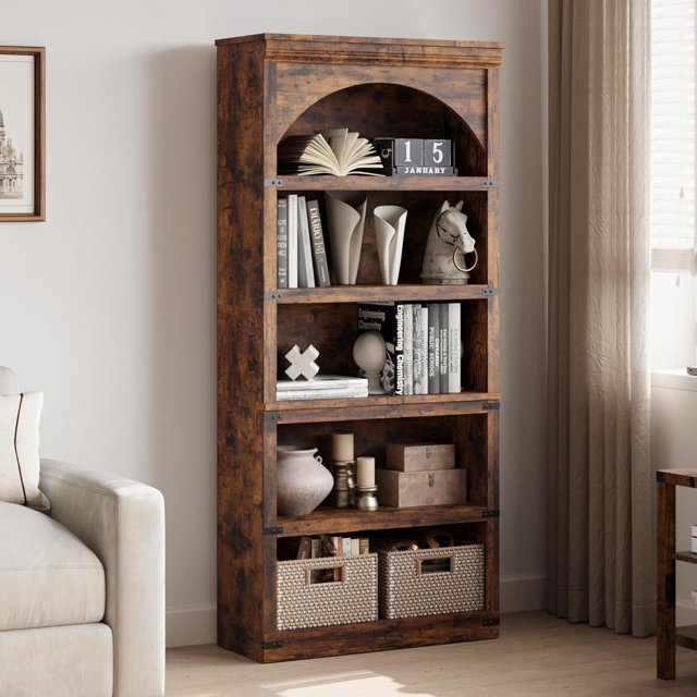 5-Shelf Bookcase, 68.7" Tall Farmhouse Arched Storage Rack for Home Office & Living Room