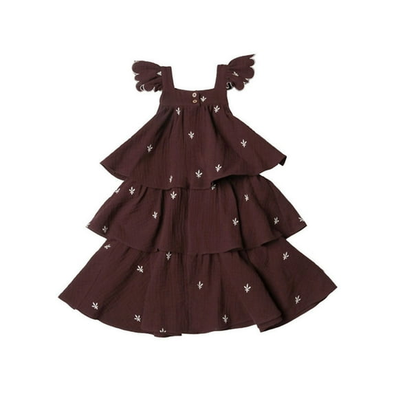 MIXUE Toddler Girls Casual Dresses Summer Solid Color Cute Cartoon Print Strappy Sleeveless Ruffled A Line Fashion Princess Dance Party Dress Holiday Wear,Brown,3-4 Years